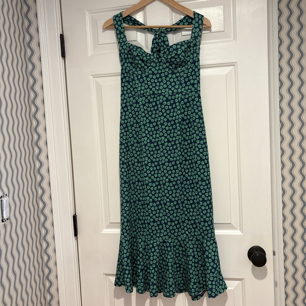 Hutch Green Floral on Navy Background Midi Halter Dress
